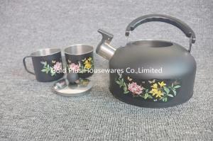 China Travel kettle black color whistle kettles with two small cups stainless steel single layer water boiled teapots on sale