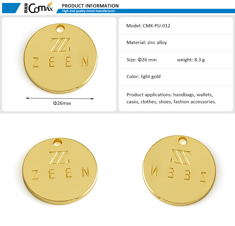 Handbag Metal Tag with Customized Size and Golden Plated Engraved Logo in Round Shape
