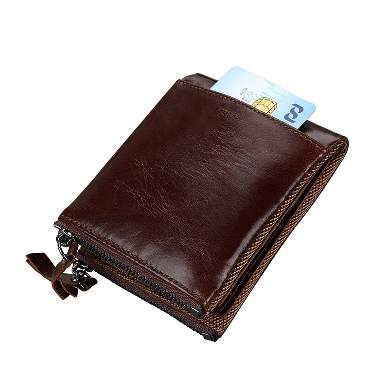 Crazy Horse RFID Credit Card Holder Blocking Vintage Double Zipper Genuine Leather Men's Wallet