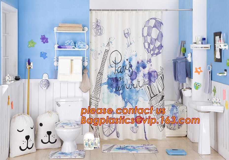 polyester hook shower curtain, PEVA Material and Eco-Friendly, Home Textile Fabric,Bathroom 3d printing polyester shower