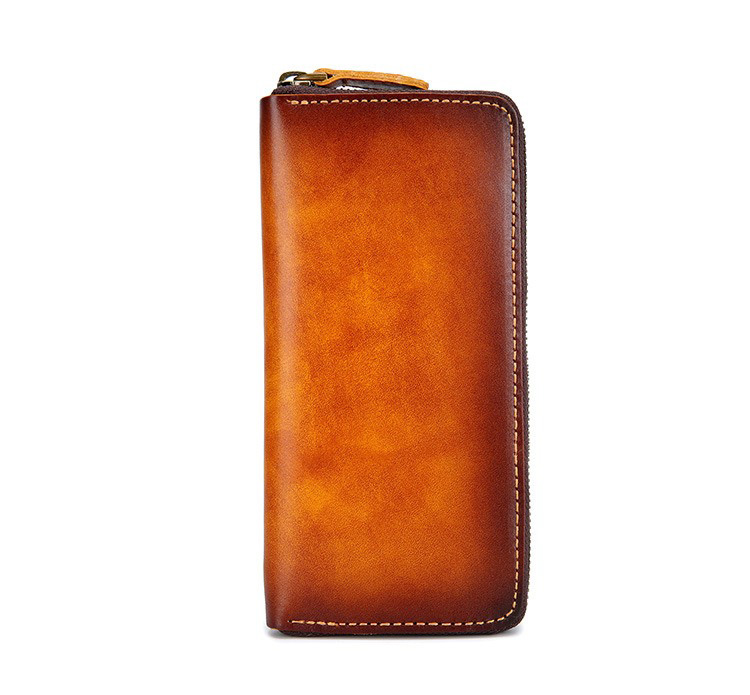 Handmade Vintage Rub Color Gradient Japanese Long Zipper Genuine Leather Wallet for Men