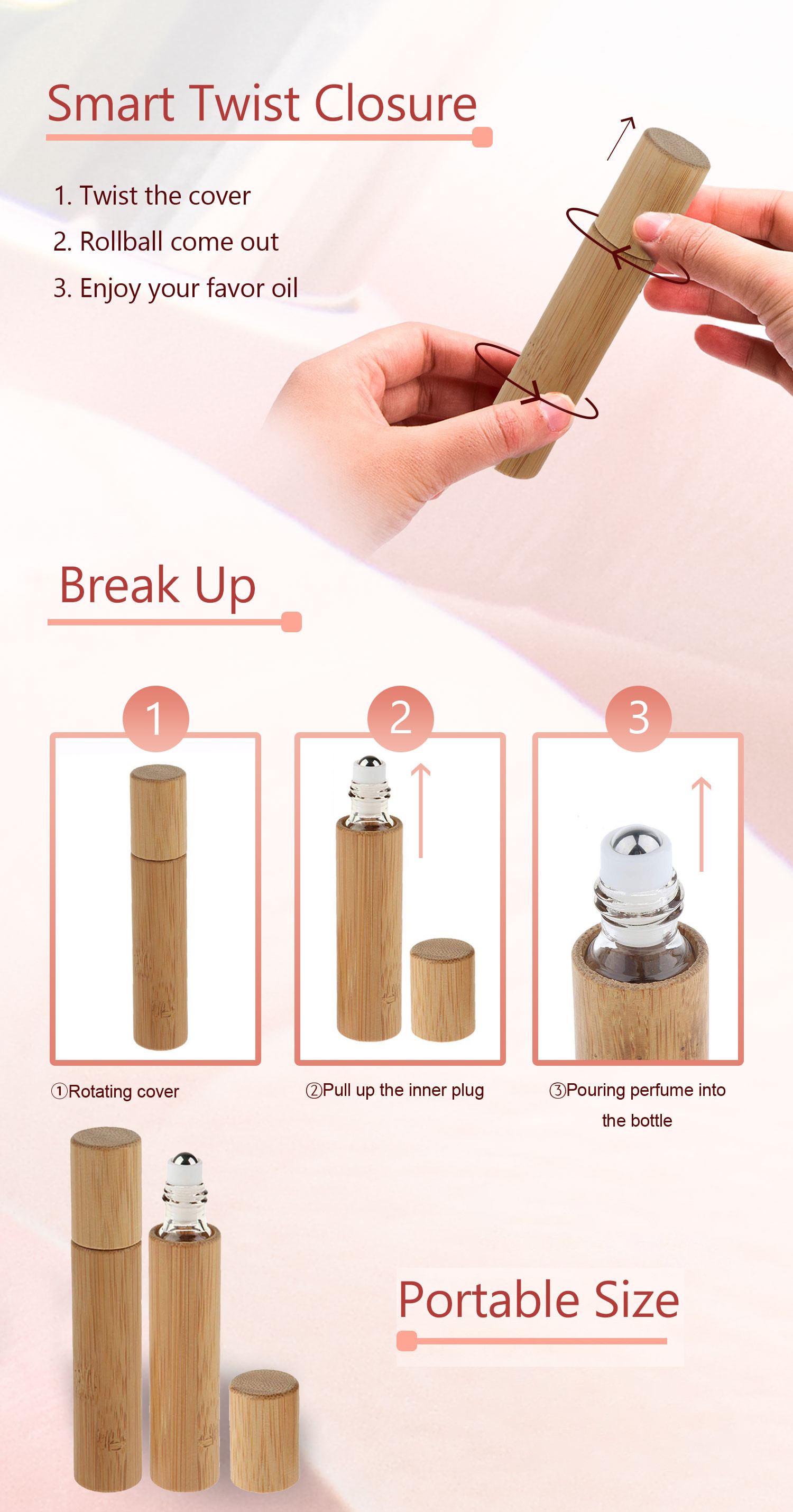 5ml Bamboo Essential Oil Roller Bottles Glass Container & Wood Cap Perfume Roll On with Stainless Steel Ball