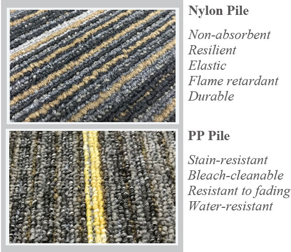 Nylon and polypropylene carpet tile surface materials