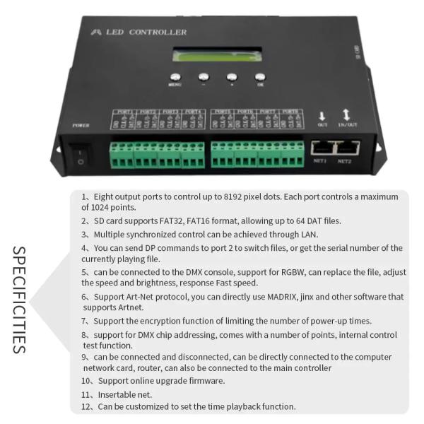 DMX512 Programable SPI Led Controller H807SA 8192Pixels For DMX512 WS2811 WS2812B WS2815 APA102 Led Strip