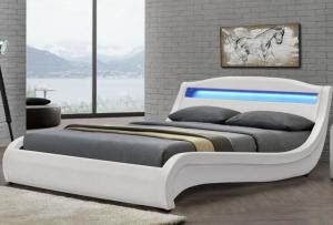 China Double White LED Upholstered Bed Frame With Lights Small Leather Padded Sleigh Bed on sale