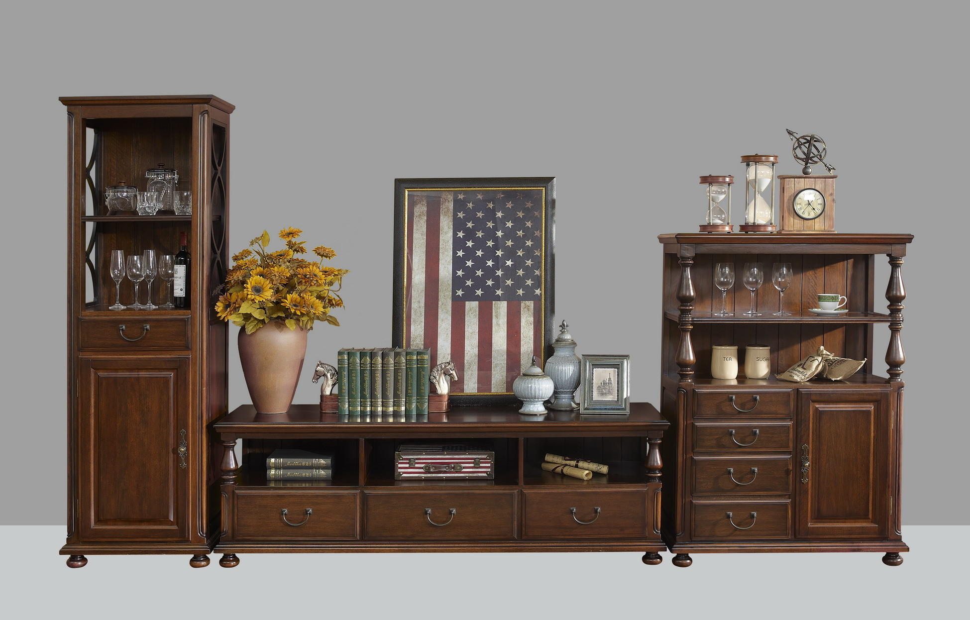 American Antique Living leisure room furniture sets Wooden TV wall unit set by Floor stand and Tall display cabinet