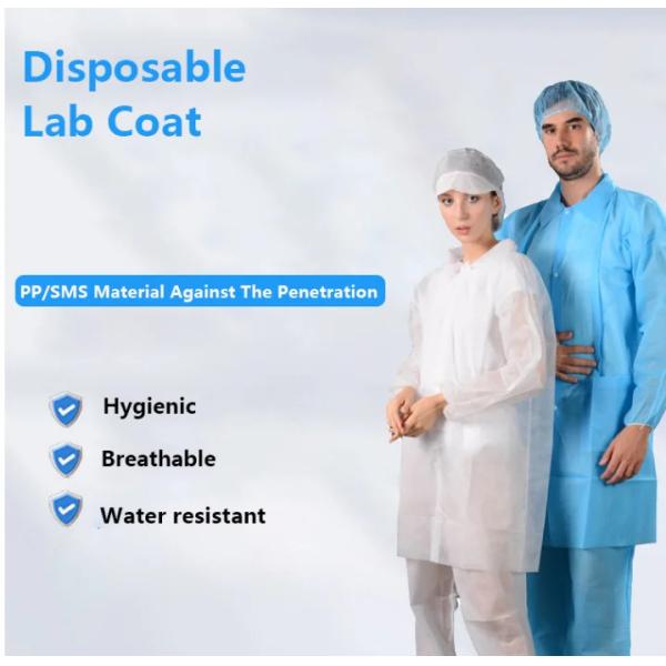 Breathable Waterproof Non Woven Disposable Lab Coat In White / Blue