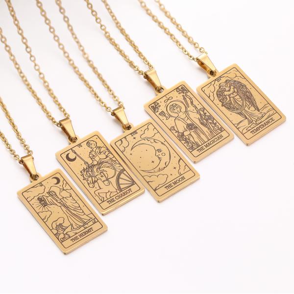 Gold Plated Vintage Square Stainless Steel Tarot Cards the Sun Pendant Necklace