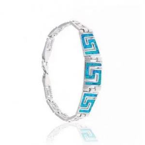 Quality Greek Style 925 Sterling Silver Jewelry Greek Key Blue Fire Opal Gemstone Bangle Blue Opal Bracelet wholesale