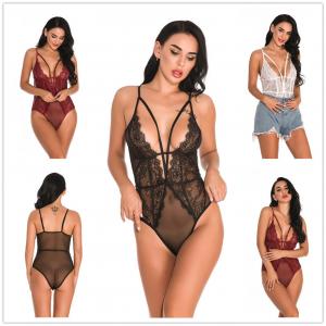 Quality See Through Lace Burgundy Lingerie Bodysuit Sexy Women Jumpsuit Black White Sheer wholesale