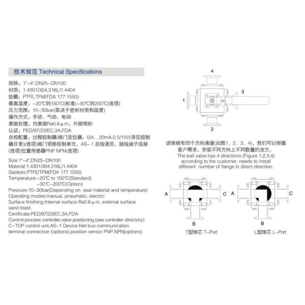 SS304 3 Way Sanitary Ball Valve With Horizontal Aluminum Actuator