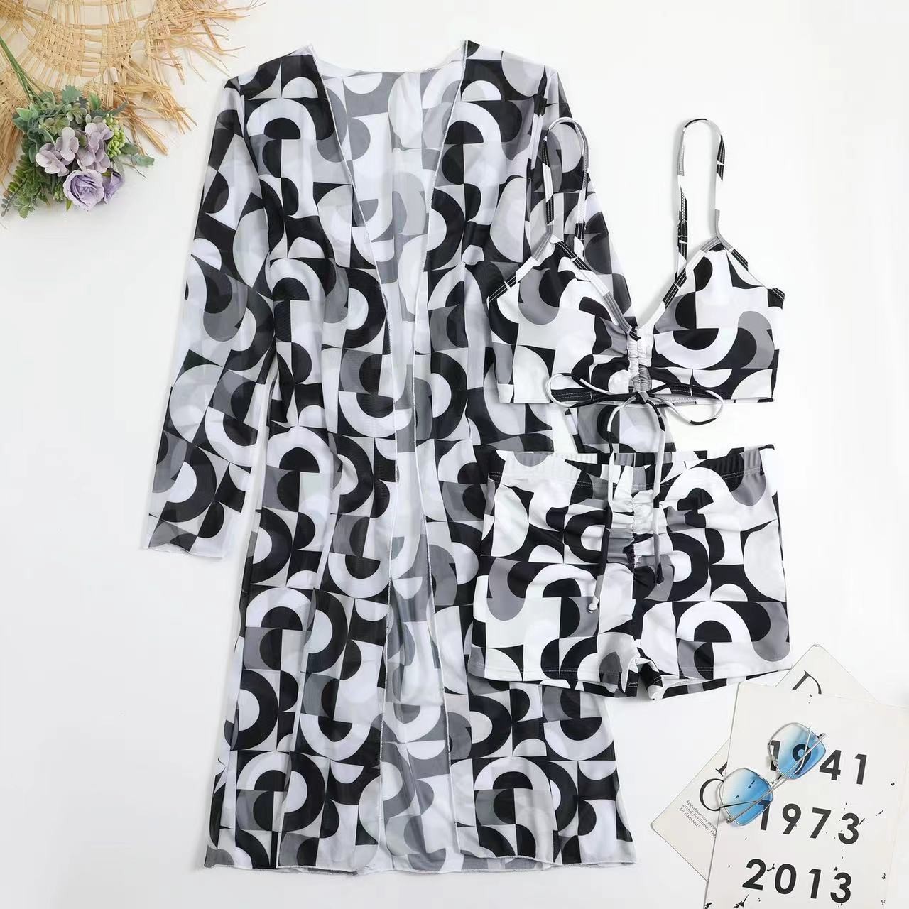 Ladies Three Piece Swimwear Bikini Solid Color 3 Piece Swimsuit Floral Special Fabric