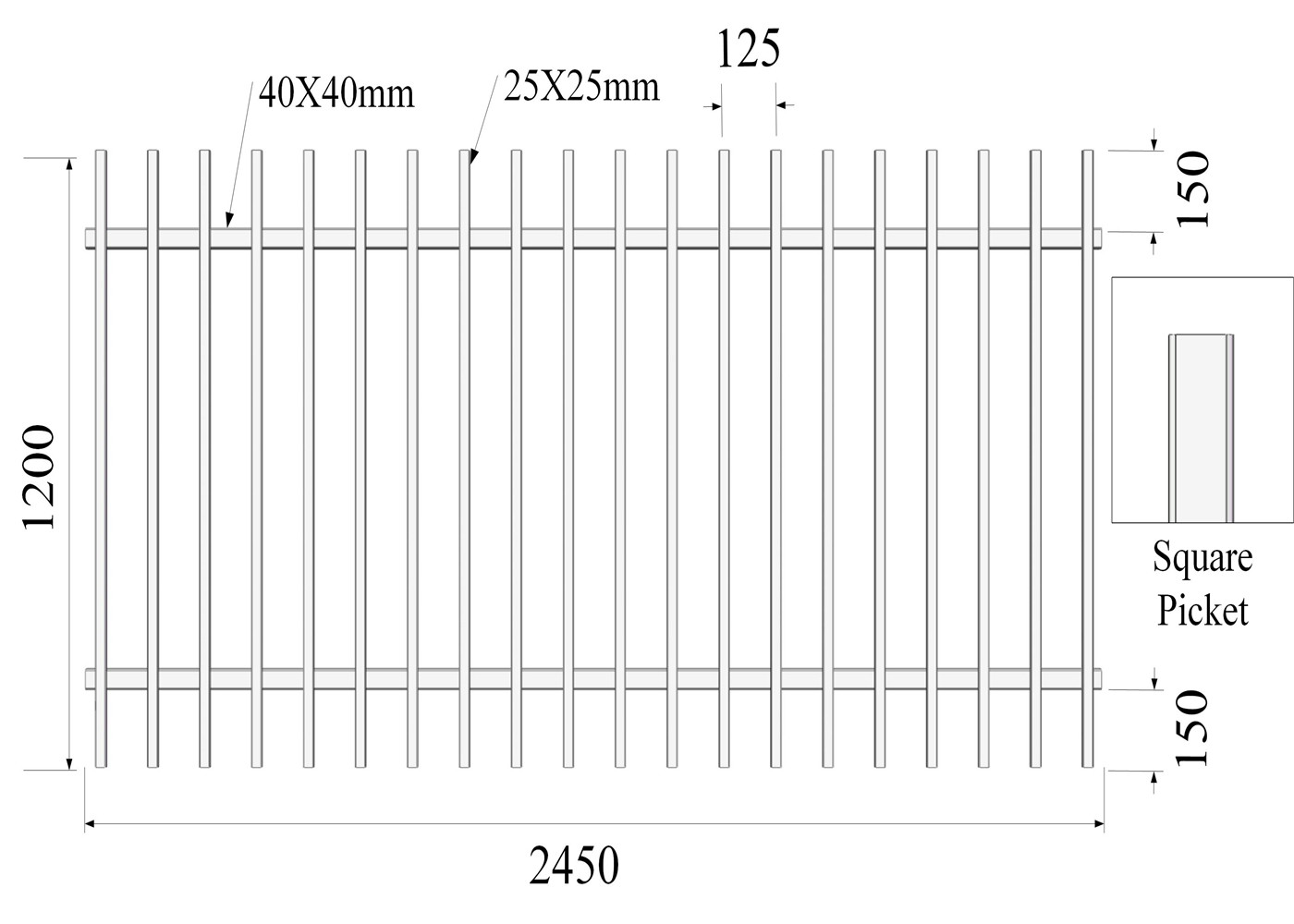 Square picket 25mm x 25mm 2 rail 40mmx40mm x 1.5mm H1200mmXW2450mm Hercules Fence