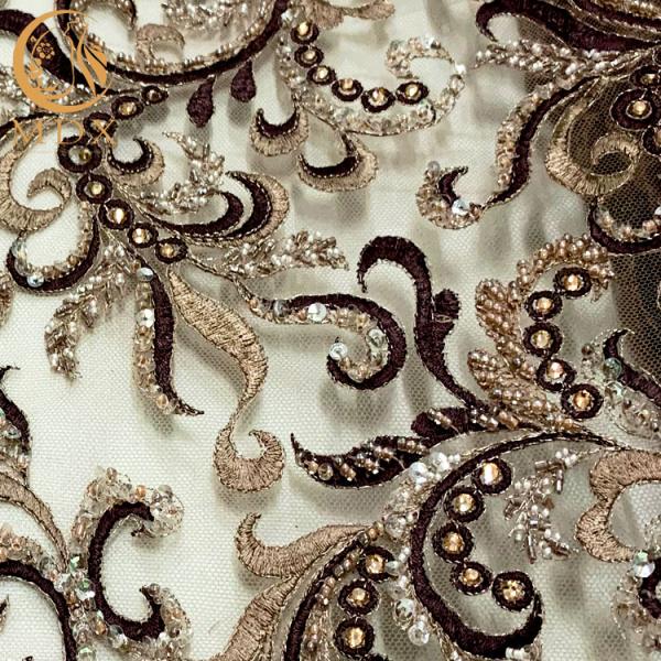 135Cm Handmade Lace Fabric Rhinestones And Beads Decorative