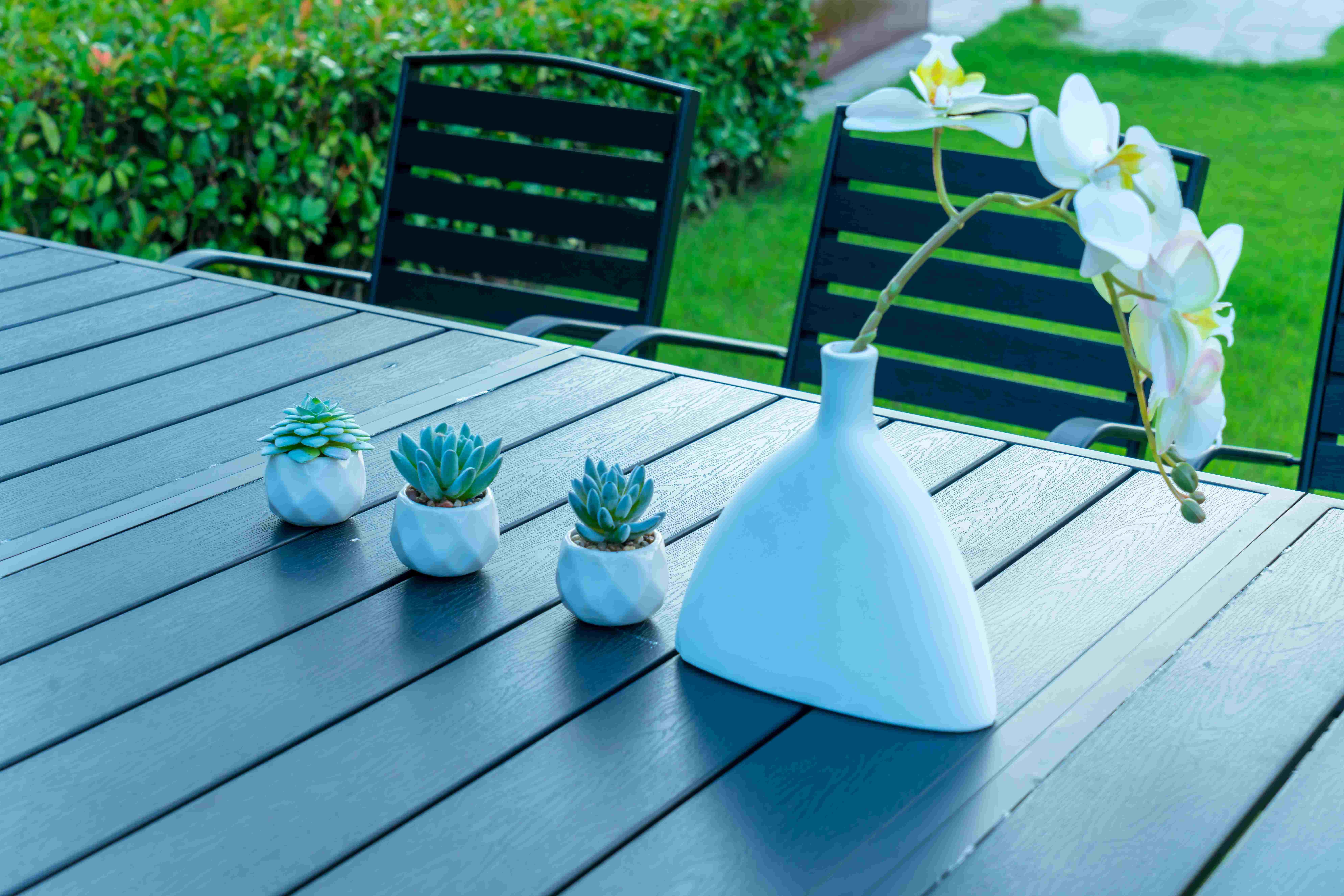 9 Pieces Black Plastic Wood Modern Outdoor Garden Furniture Table Set 8-10 Seater Extendable Patio Dining Table Chairs