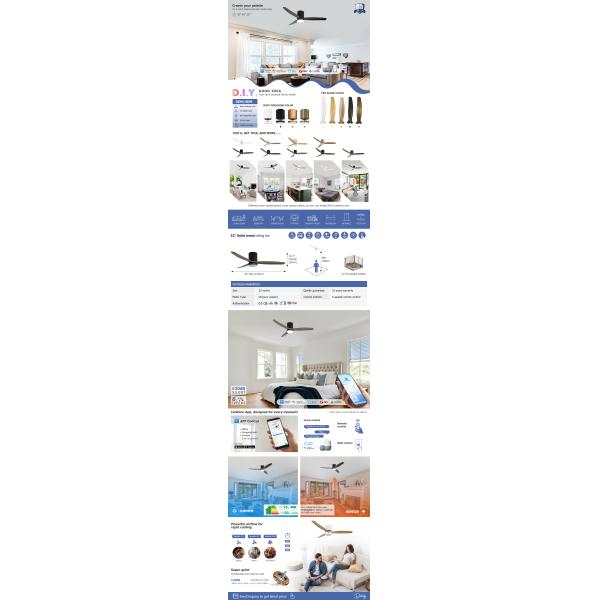 Dimmable 5 Speed 52in LED Ceiling Fan With 3 Solid Wood Blades