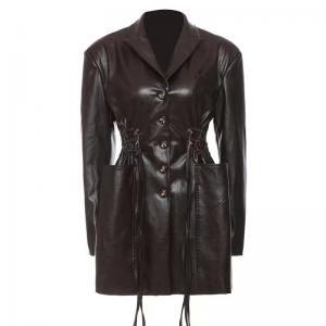Quality Breathable Women Fashion Drawstring Oversized Midi Winter Pockets Long Leather Jacket Coat PU Jackets wholesale