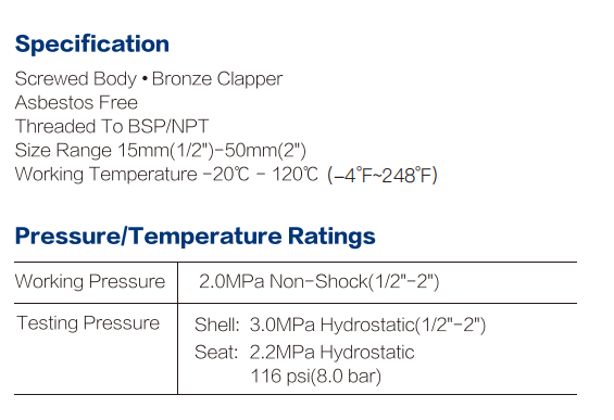 25 Bar 2" Size Bronze Swing Check Valve C83600