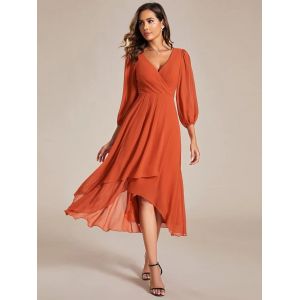 Buy cheap Elegant Empire Long Sleeve V-neck High Low A-line Ruffled Midi Burnt Orange from wholesalers