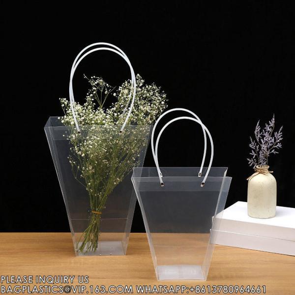 Customized Transparent Trapezoid PP Bag Plastic Clear Flower Packing Bag With Handle Floral Package Bags, Gift Pack