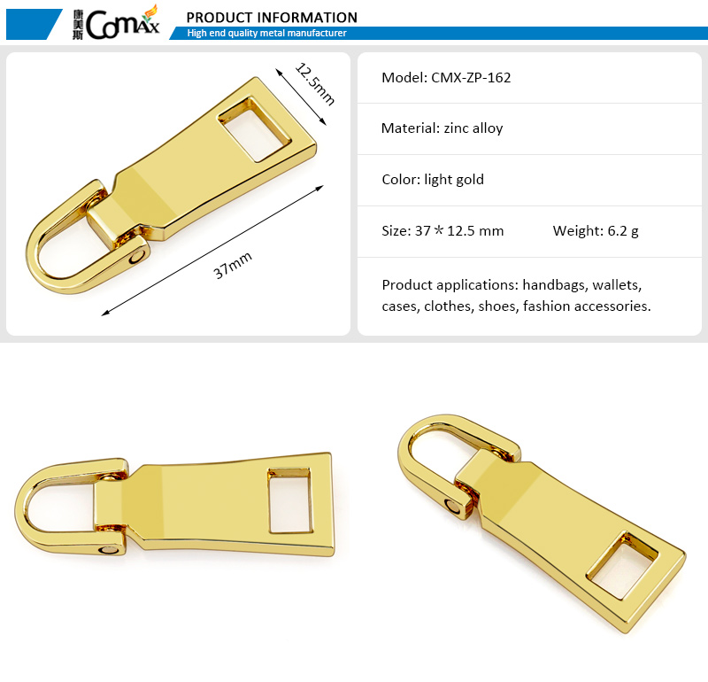 Fashion Zinc Alloy Metal Zipper Puller High Grade Gold Plated Zip Pull for Cloth High