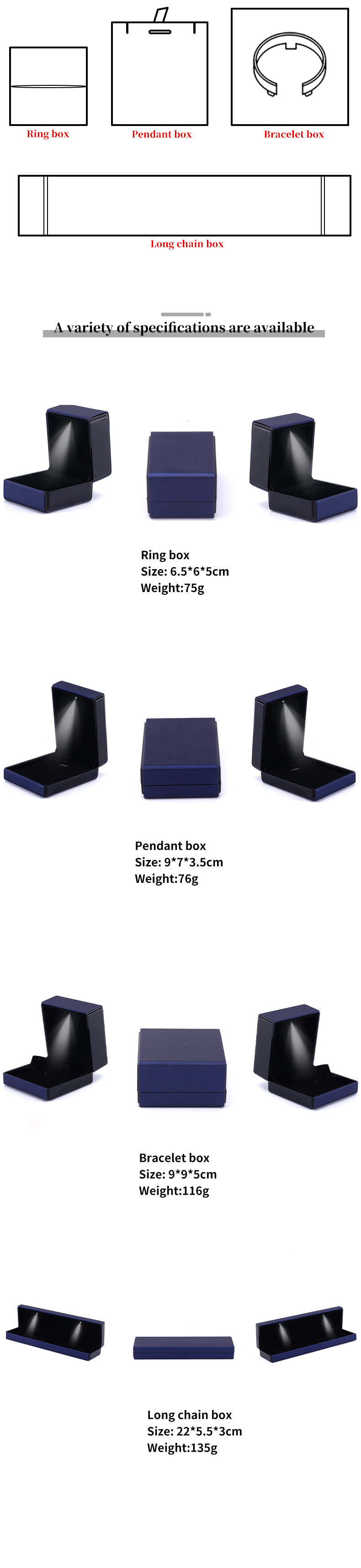 Customer's Logo LED Light Jewelry Box for Bracelet Necklace and Ring in Blue Leather