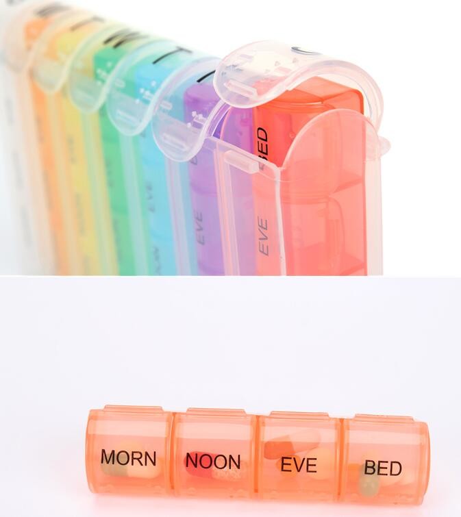 28 compartment column shape plastic pill storage box with pill crush box, Conventional eco-friendly 4 grids plastic trav