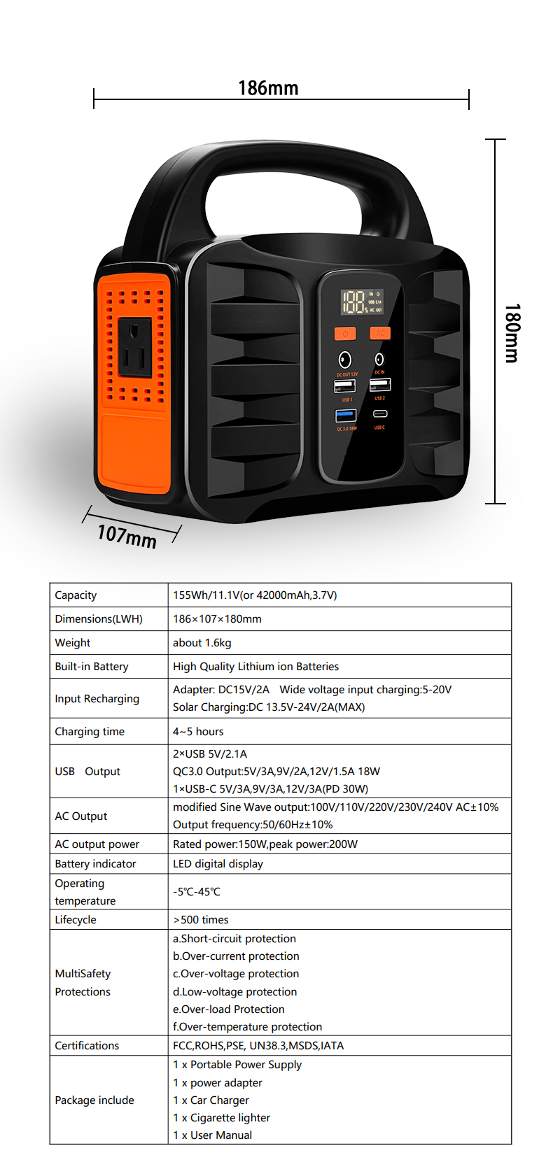 Shenzhen Factory 155Wh 3.7V 42000mAh Outdoor Portable Power Supply 150W Charging Station & Power Station