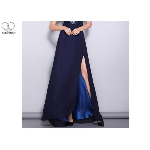 Sequins Navy Blue A Line Dress V Neck Sleeveless With High Slit Chiffon Fabric