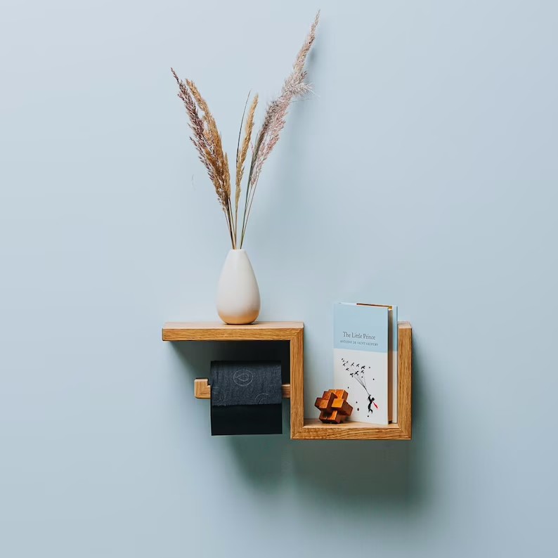 Wooden Toilet Paper Holder with Wall Shelf for WC Roll Easy Storage Natural Wood Oak Material