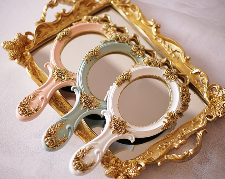 Functional Wood Glass Vintage Handheld Makeup Mirrors Portable Retro Mirror for Girls