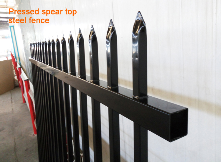 Pressed spear top black powder coated steel fencing / iron fence