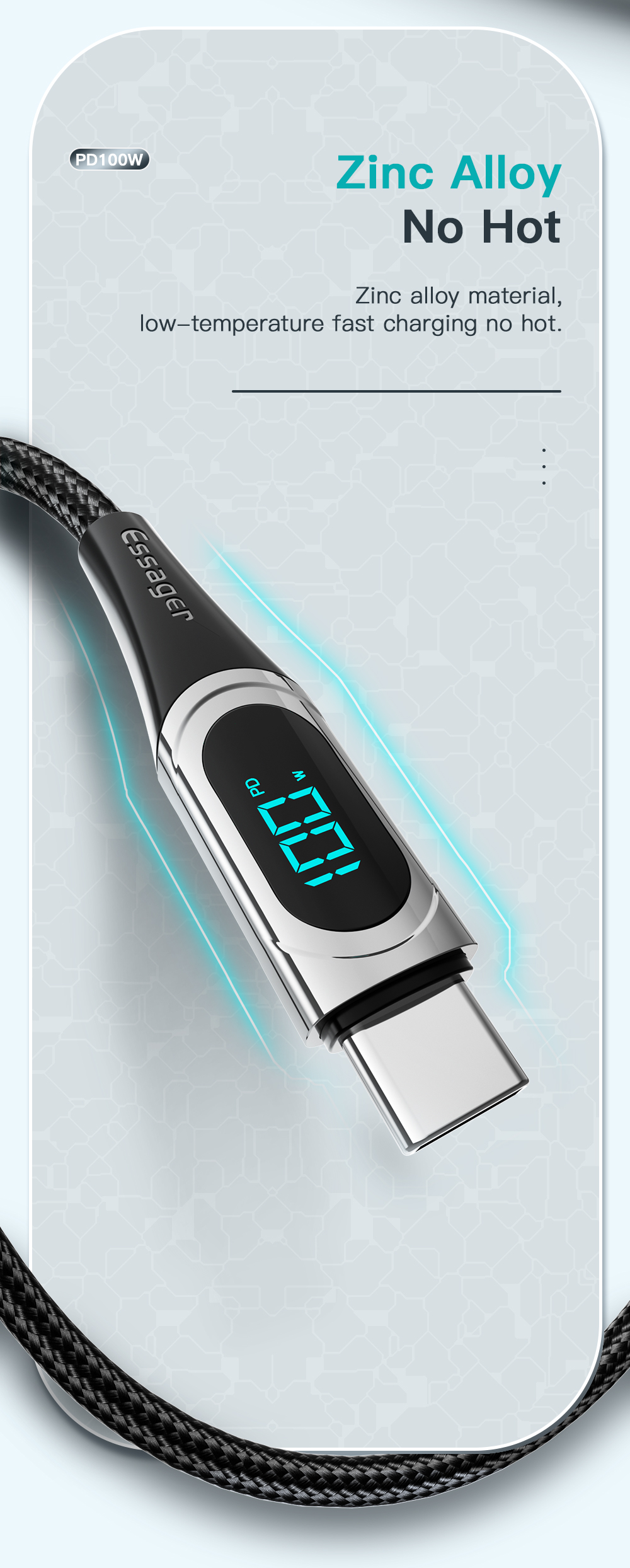 Essager PD Usb Type C To C Cable 5A 100w with Led Digital Display
