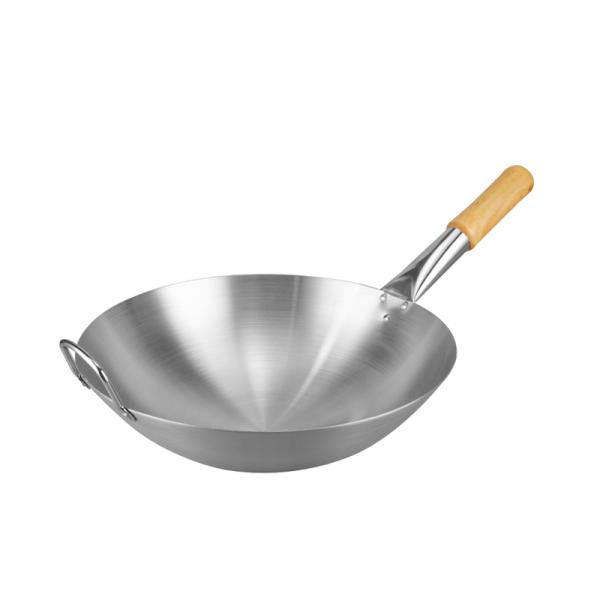 Restaurant Hotel Steel Kitchen Wok Pan With Wooden Handle Stainless Steel 201 Wok