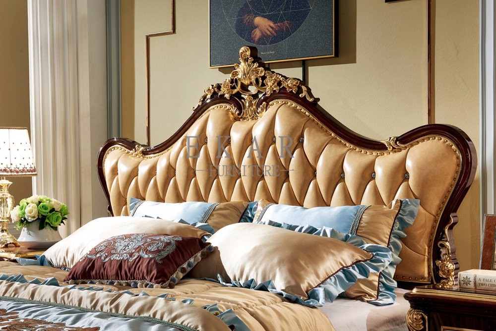 Solid Wood King Size Royal Wooden Design Leather Bed