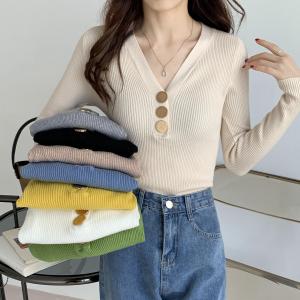 Quality Ladies Long Sleeve Pullover Deep V Neck Knit Sweater With Buttons wholesale