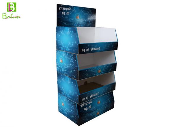 Cheap Blue Cardboard Floor Display Shelves Three Tier For Electronic Products for sale