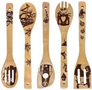 Quality Halloween Christmas Bamboo Kitchen Utensils Laser Engraved Bamboo Cutlery Set wholesale