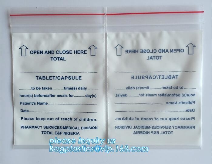 Resealable Print Zip lockk Custom Printed Plastic Pill Pouch Medical Zip Lock Bags, reclosable pouch glossy stand upZip lock