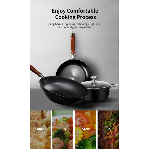 Three Piece Carbon Steel Non Stick Wok Set 1.25kg 6.2cm Height