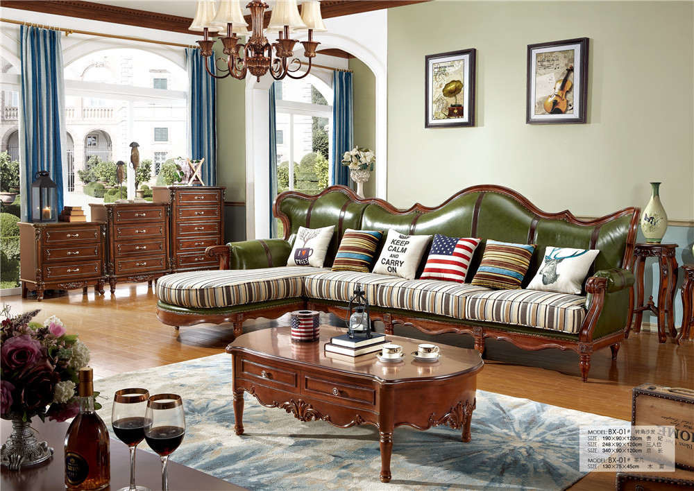 Classic Wood Frame Fabric Antiqued Leather Sofa