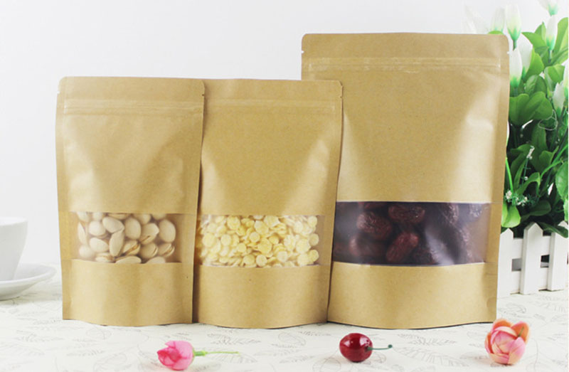 Custom Biodegradable Brown Stand Up Pouches With Zipper And Window For Food Packaging