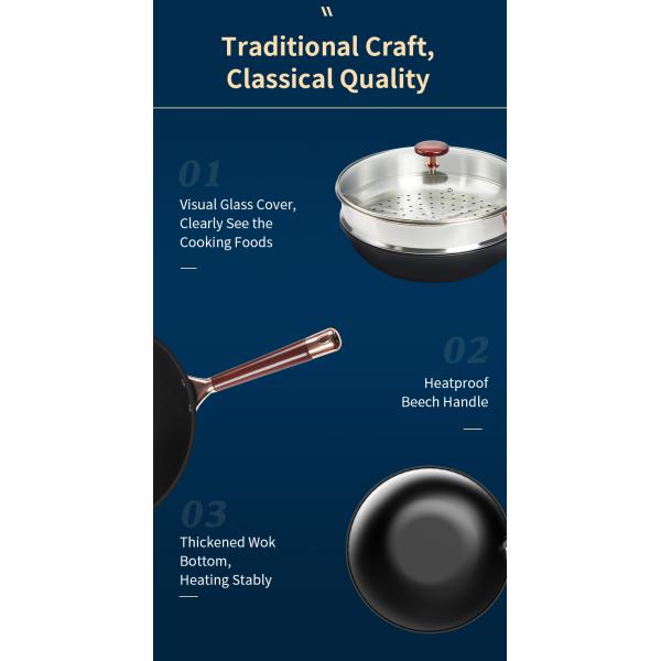 Cast Iron 2.5kg Non Stick Stir Fry Wok Uncoated Frying Pan 32cm Skidproof