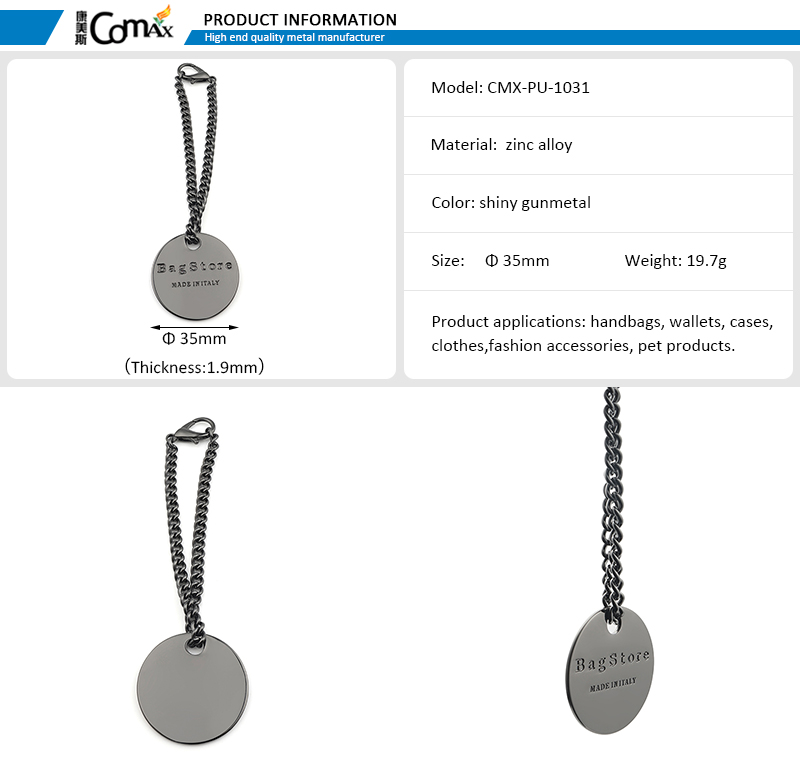 Custom Logo Metal Hanging For Handbag Metal Logo Round Metal Tags Gunmetal Engraved