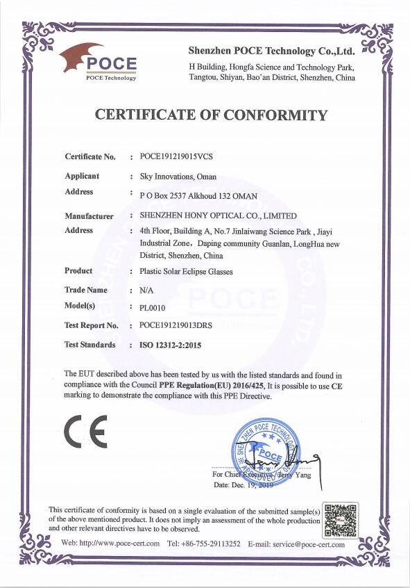 Shenzhen HONY Optical Co., Limited Certifications