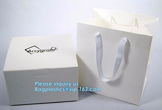Gold embossed logo ribbon satin finish ribbon paper carrier bags with rope handles and ribbon bow fastener bagease pac