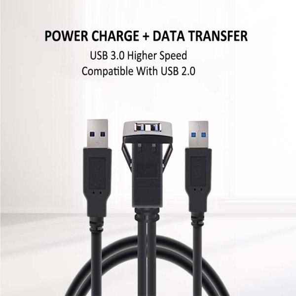 Square Dual USB 3.0 2.0 Male To Female Waterproof Extension Cable With Flush Mount Panel For Car Truck Boat Motorcycle Computer