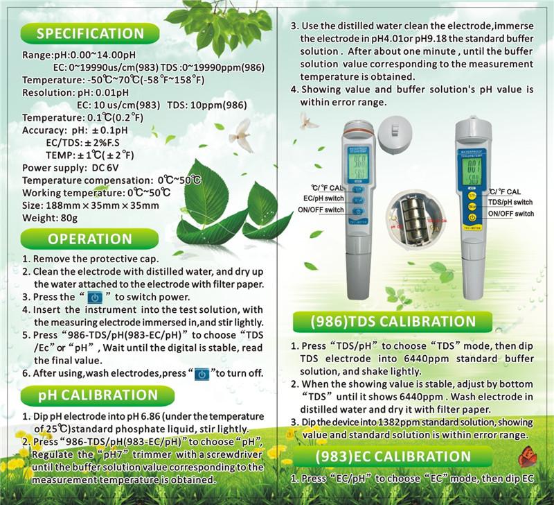 3 in one Protable Water Quality Meter PH & TDS & TEMP Pan Tester AH-986