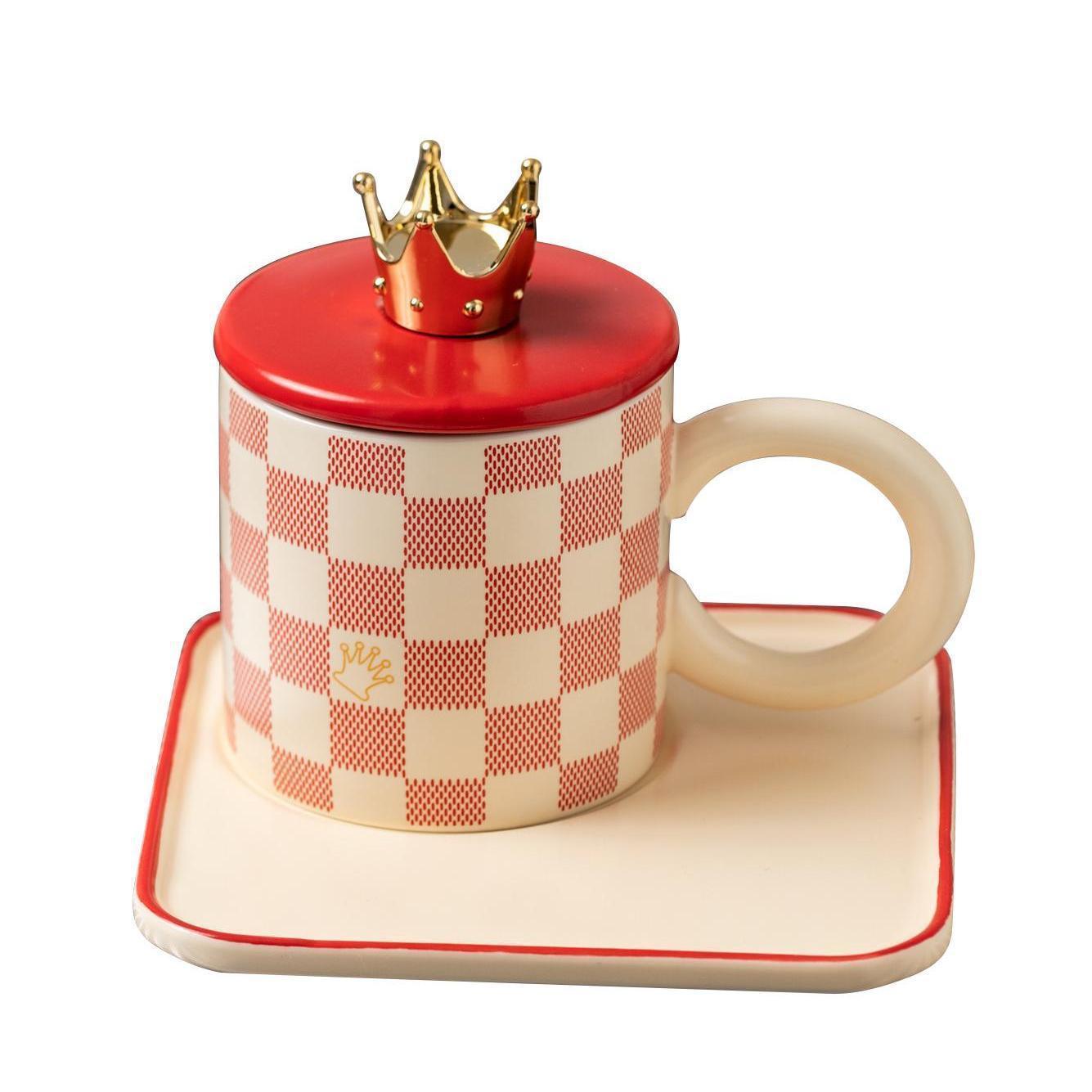 National Trend Style Checkered Ceramic Cups And Plates With LIDS Spoons Large Round Handles Mugs Office Coffee Home Drinking Custom Ceramic Mugs