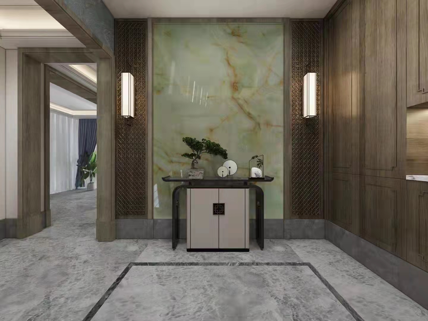 Natural Stone Staircase Design with Emerald Green Light Green Onyx Backlit Interior Stone